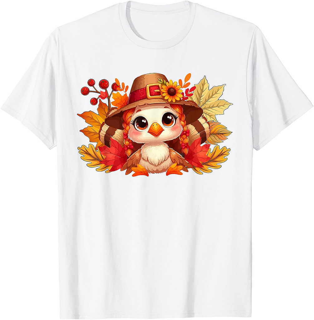 Cute Turkey Costume Girl Thanksgiving Fall Leaves Floral T-Shirt