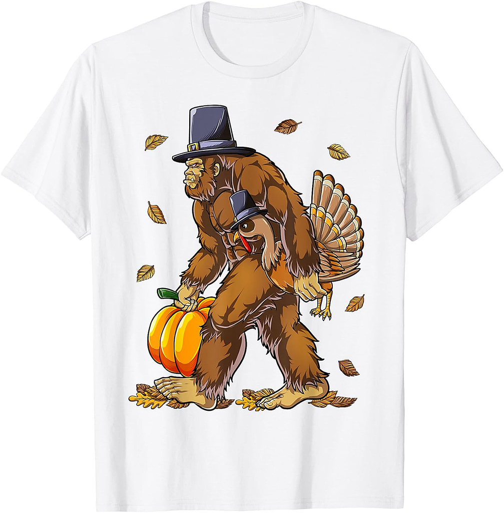 Bigfoot Pilgrim Turkey Pumpkin Thanksgiving Day Boys Men T-Shirt