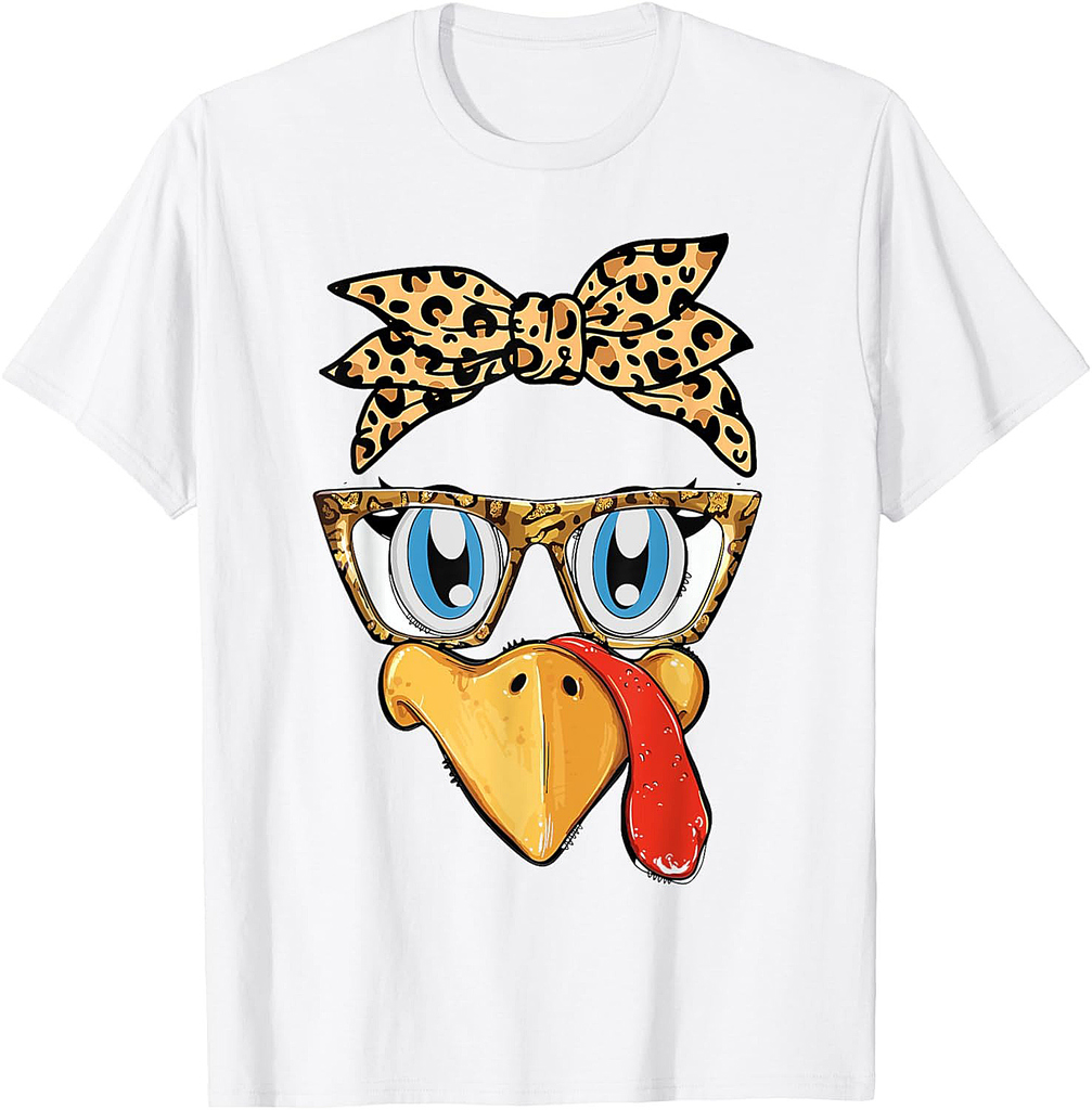 Thanksgiving Turkey Face Leopard Print Glasses Women Girls T-Shirt