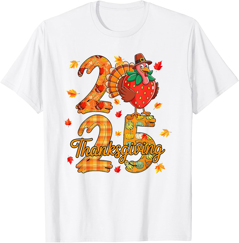 Thanksgiving 2025 Cute Turkey As Strawberry Vegan Autumn T-Shirt