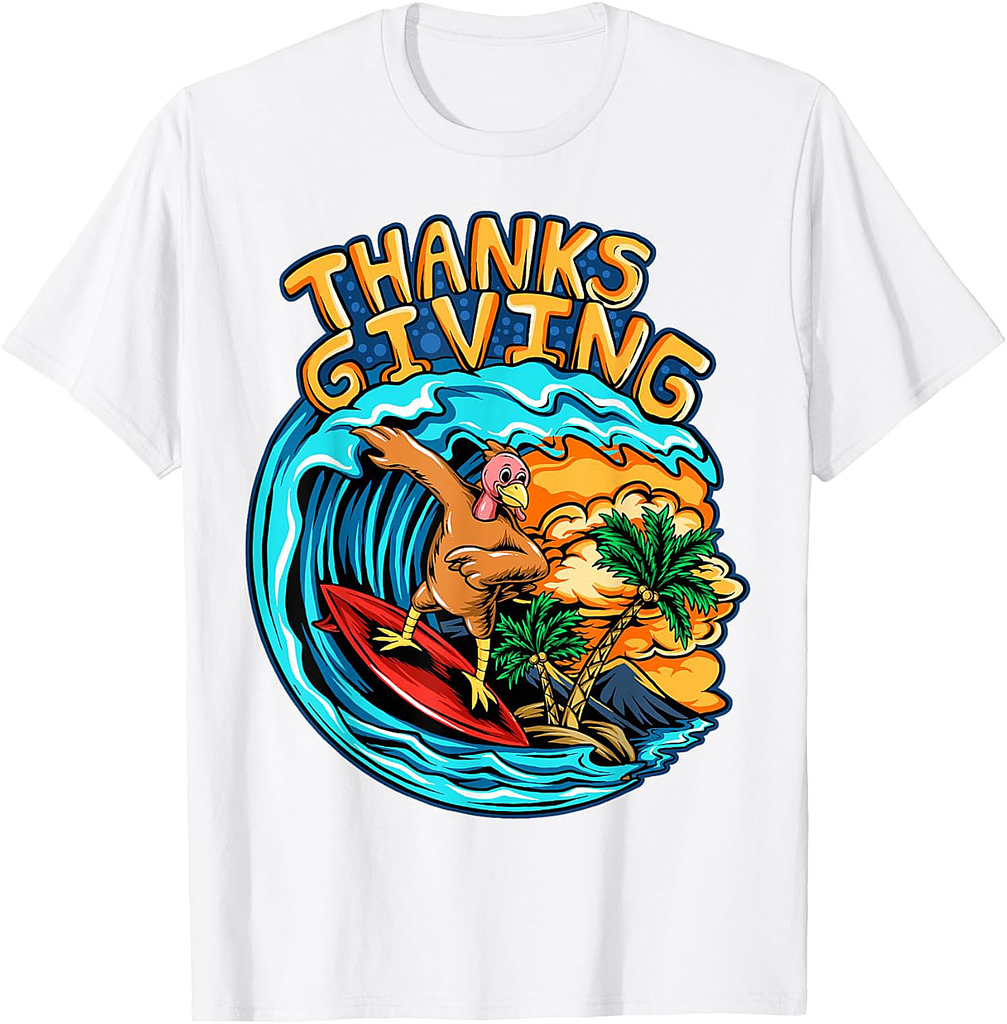 Thanksgiving Turkey Riding Surf Board Ocean Waves T-Shirt