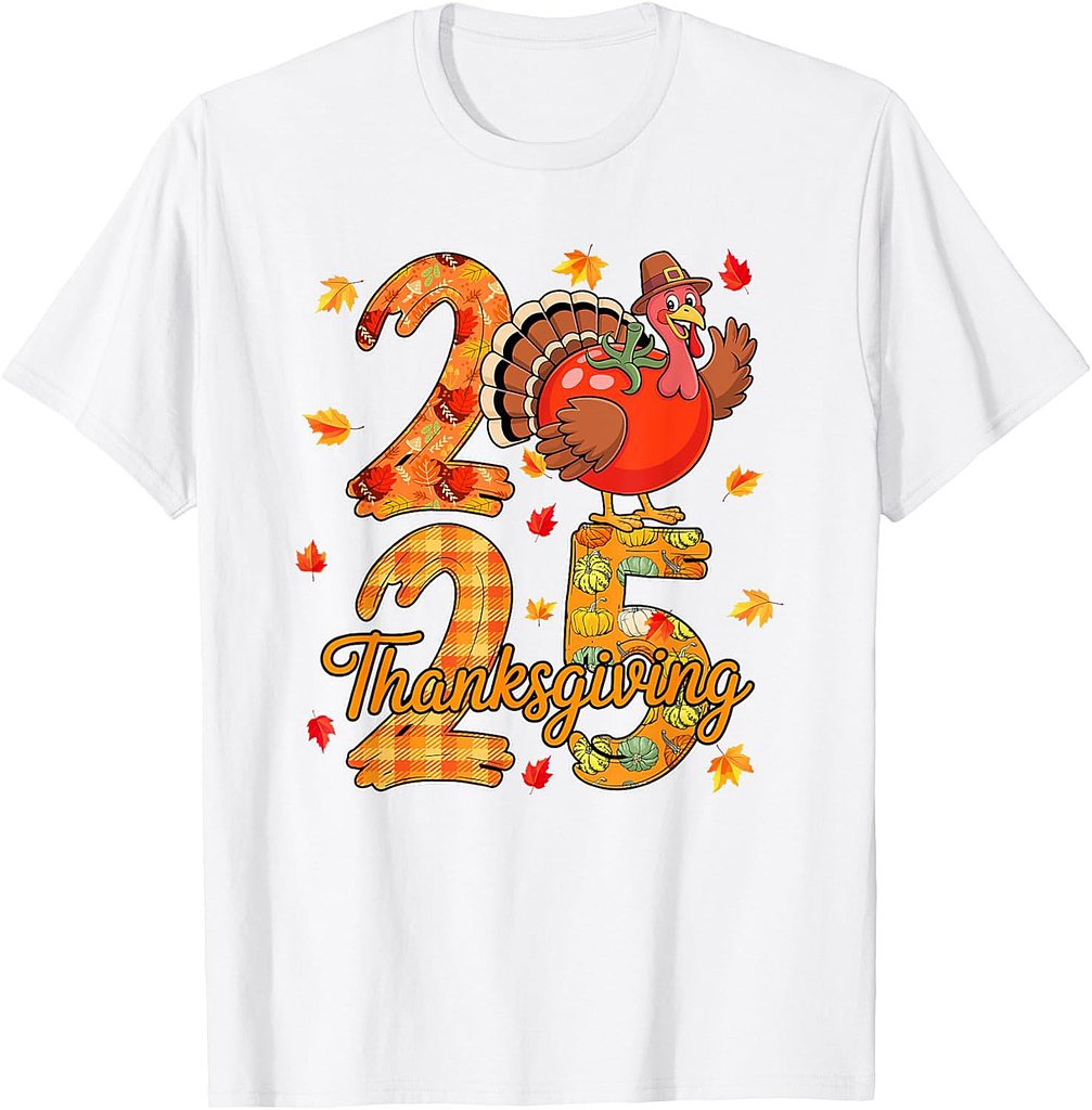 Thanksgiving 2025 Cute Turkey As Tomato Vegan Fall Leaves T-Shirt