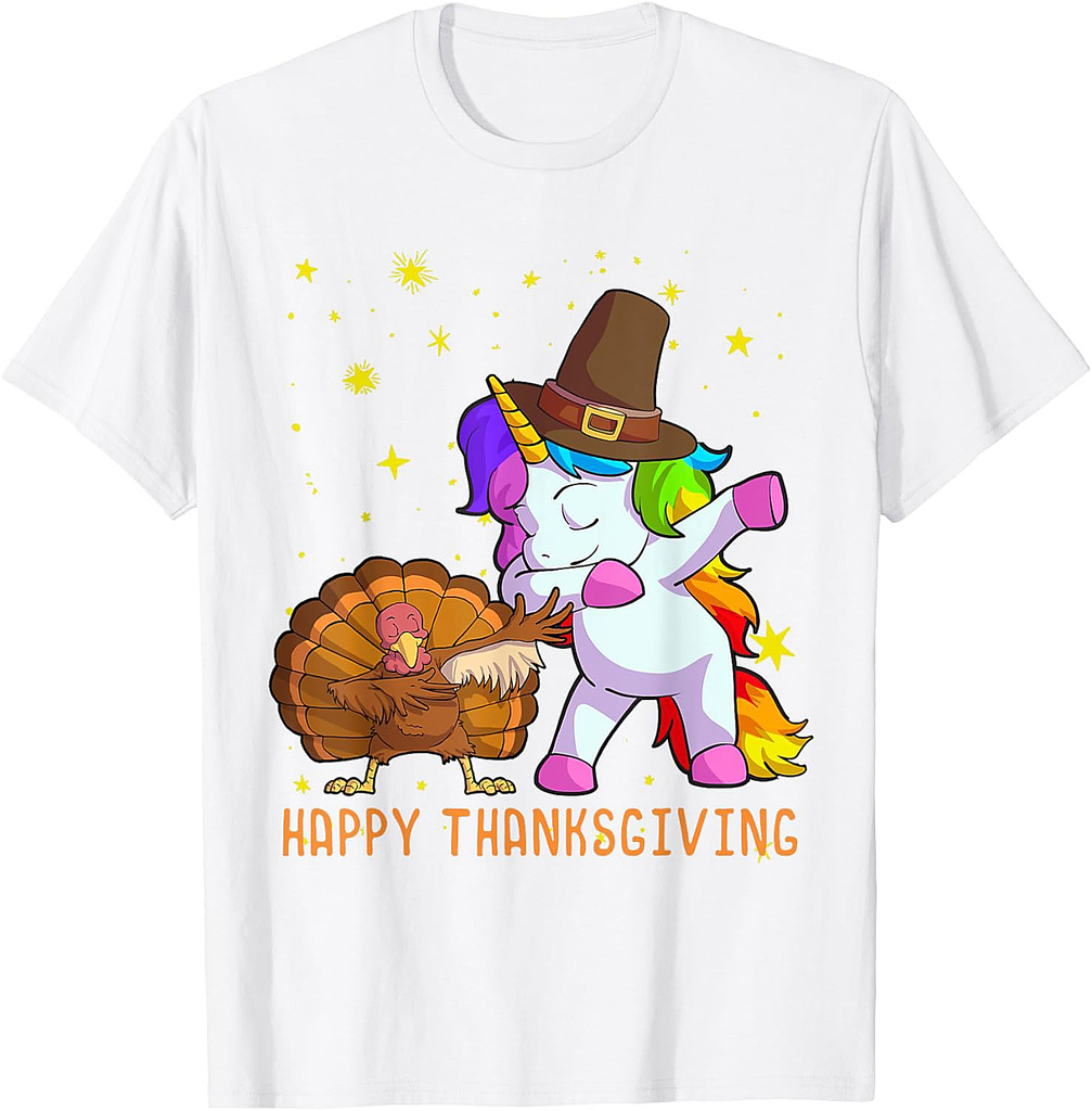 Cute Unicorn Thanksgiving Shirt For Girls Pilgrim Hat Turkey T-Shirt