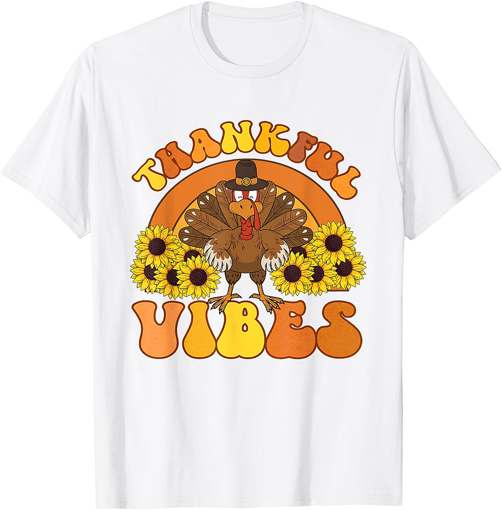 Thankful Vibes Thanksgiving Turkey Family Retro Groovy T-Shirt