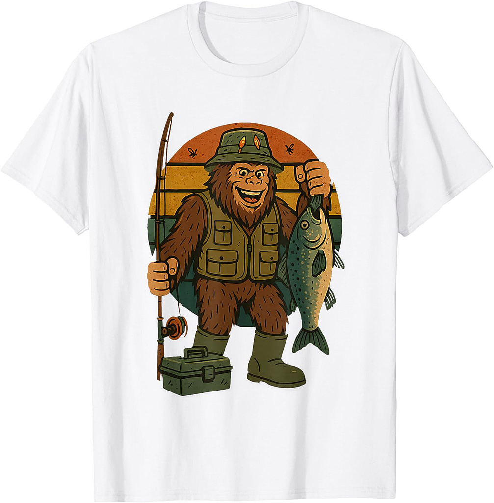 Bigfoot Fishing Funny Retro Sasquatch Dad T-Shirt