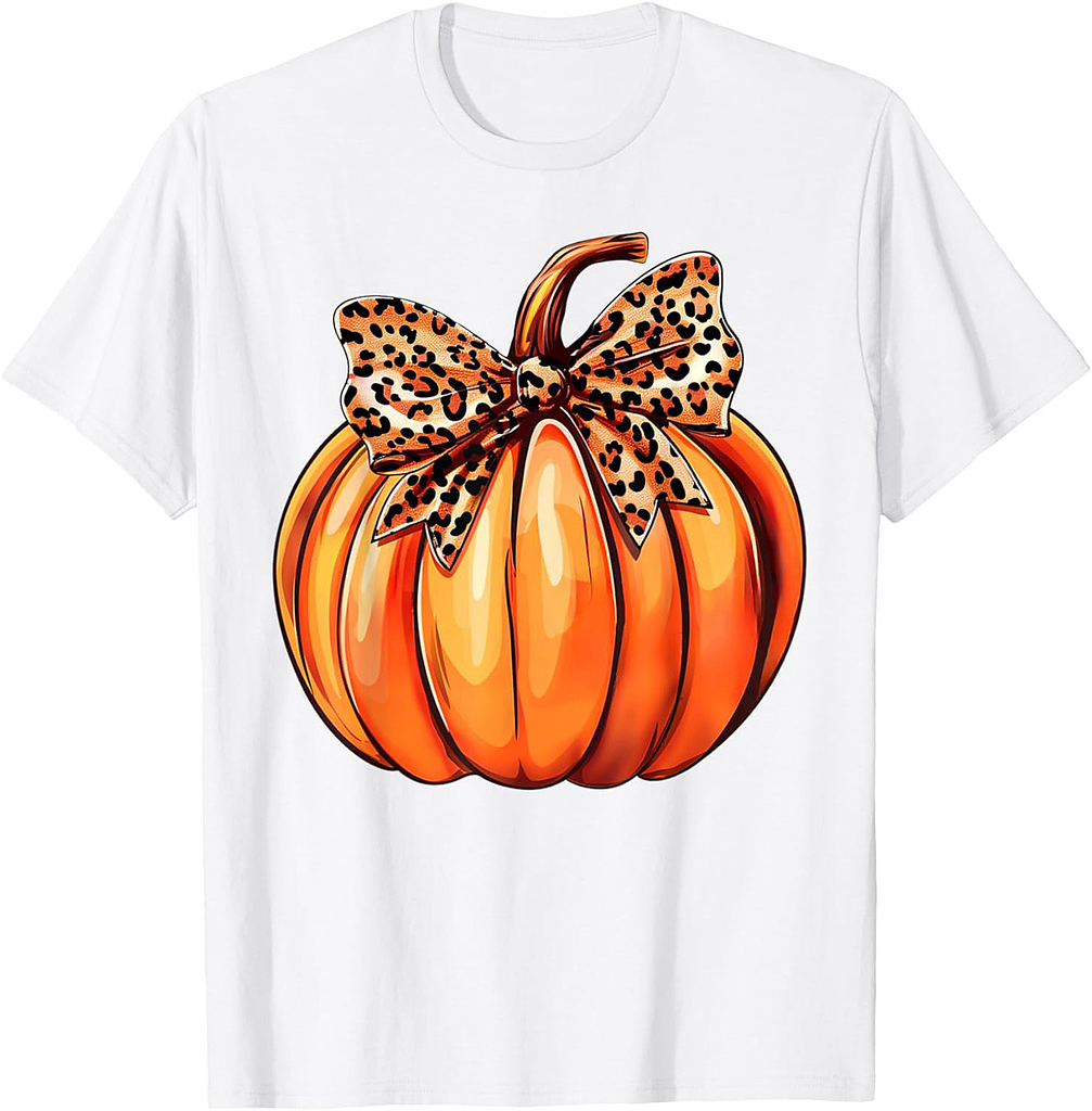 Coquette Bow Leopard Pumpkin Thanksgiving Rustic Fall Women T-Shirt