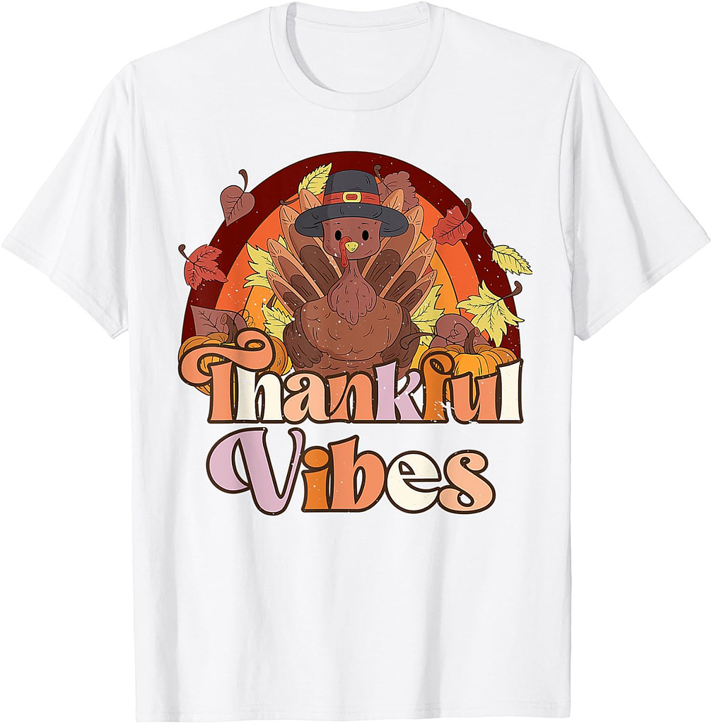 Retro Groovy Thankful Vibes Cute Turkey Fall Thanksgiving T-Shirt