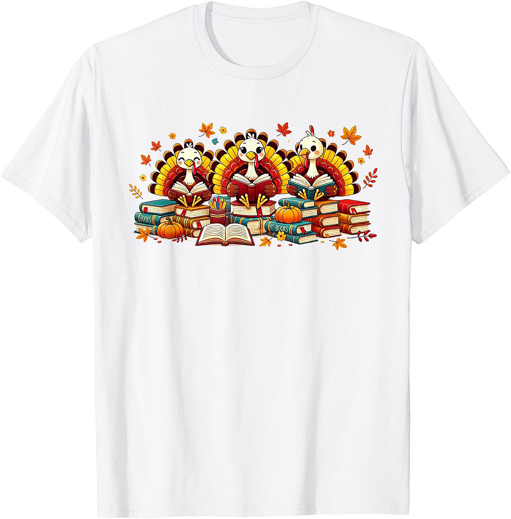 Turkey Reading Books Fall Thanksgiving Teacher Book Lovers 01 T-Shirt