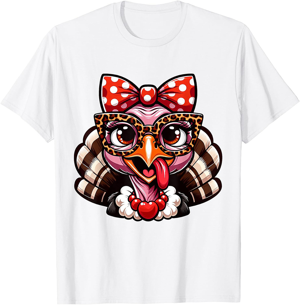 Thanksgiving Turkey Face Leopard Print Glasses Women T-Shirt