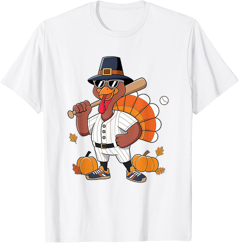 Baseball Player Turkey Funny Thanksgiving Day Boys Men T-Shirt
