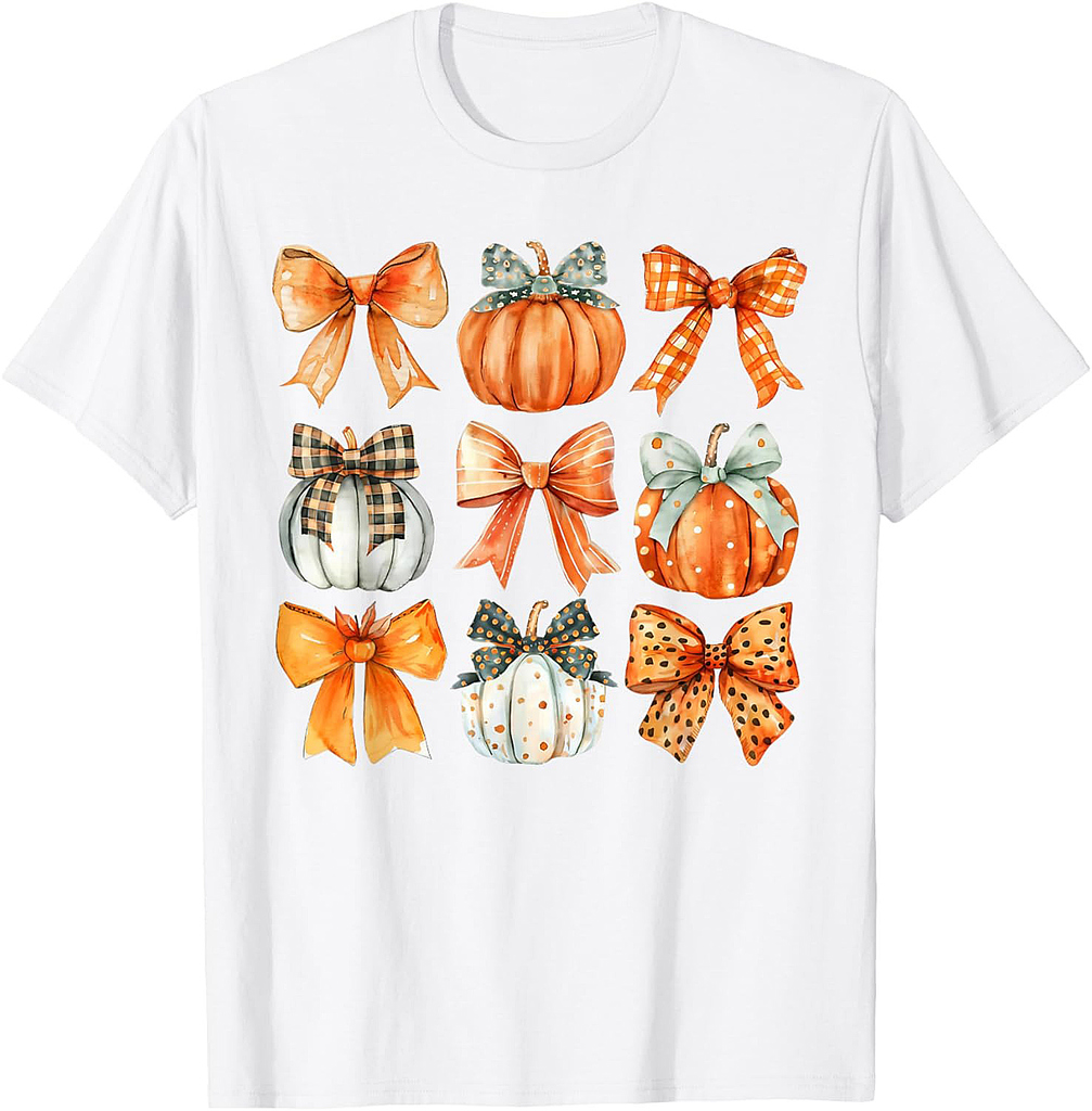 Coquette Bow Pumpkin Season Thanksgiving Autumn Fall Leaves T-Shirt