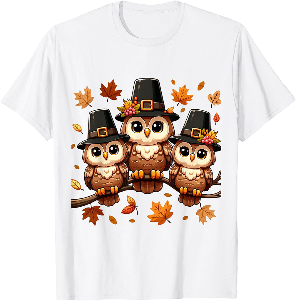 Pilgrim Owls on Autumn Perch Thanksgiving T-Shirt