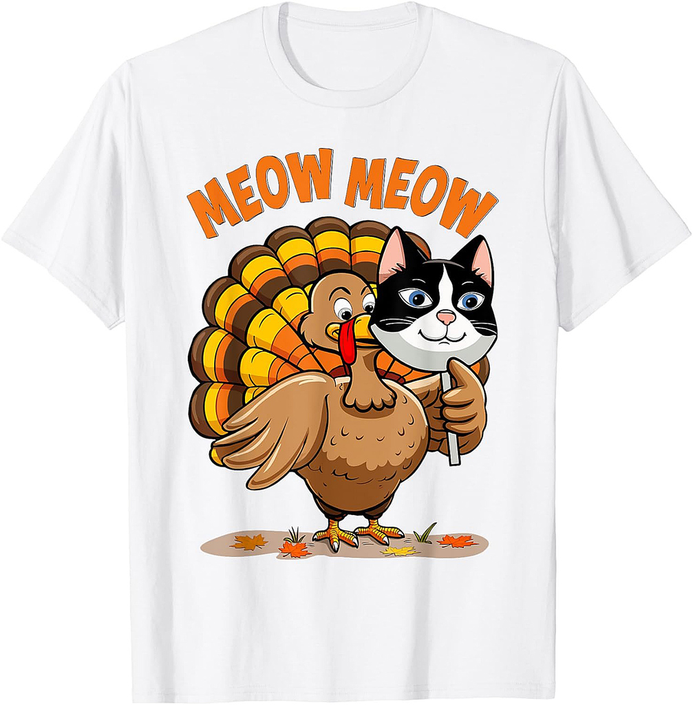 Funny Thanksgiving Funny Turkey Cat Meow T-Shirt for Men Women