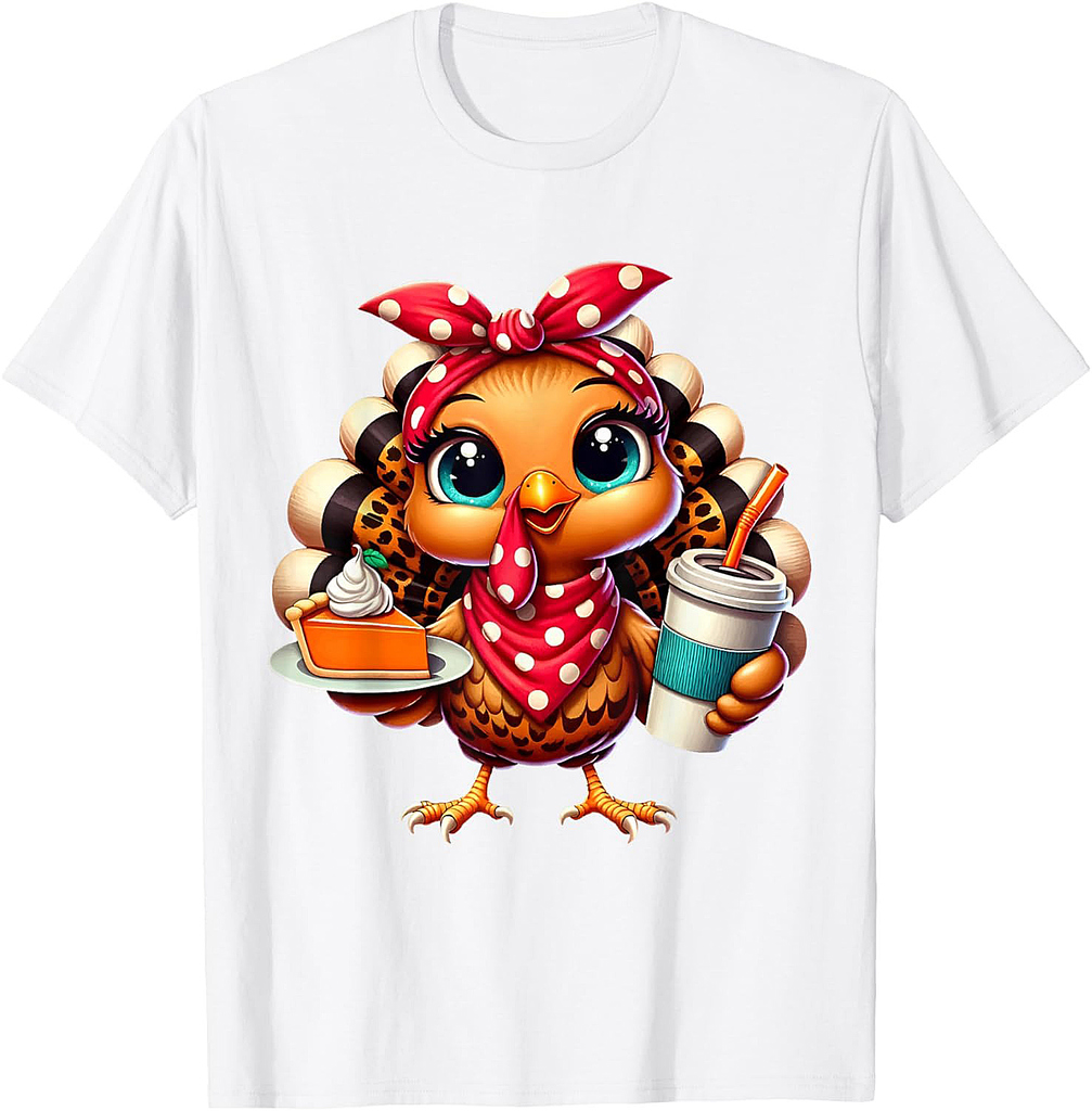 Turkey Drinking Ice Coffee Bow Thanksgiving Women Turkey Day T-Shirt