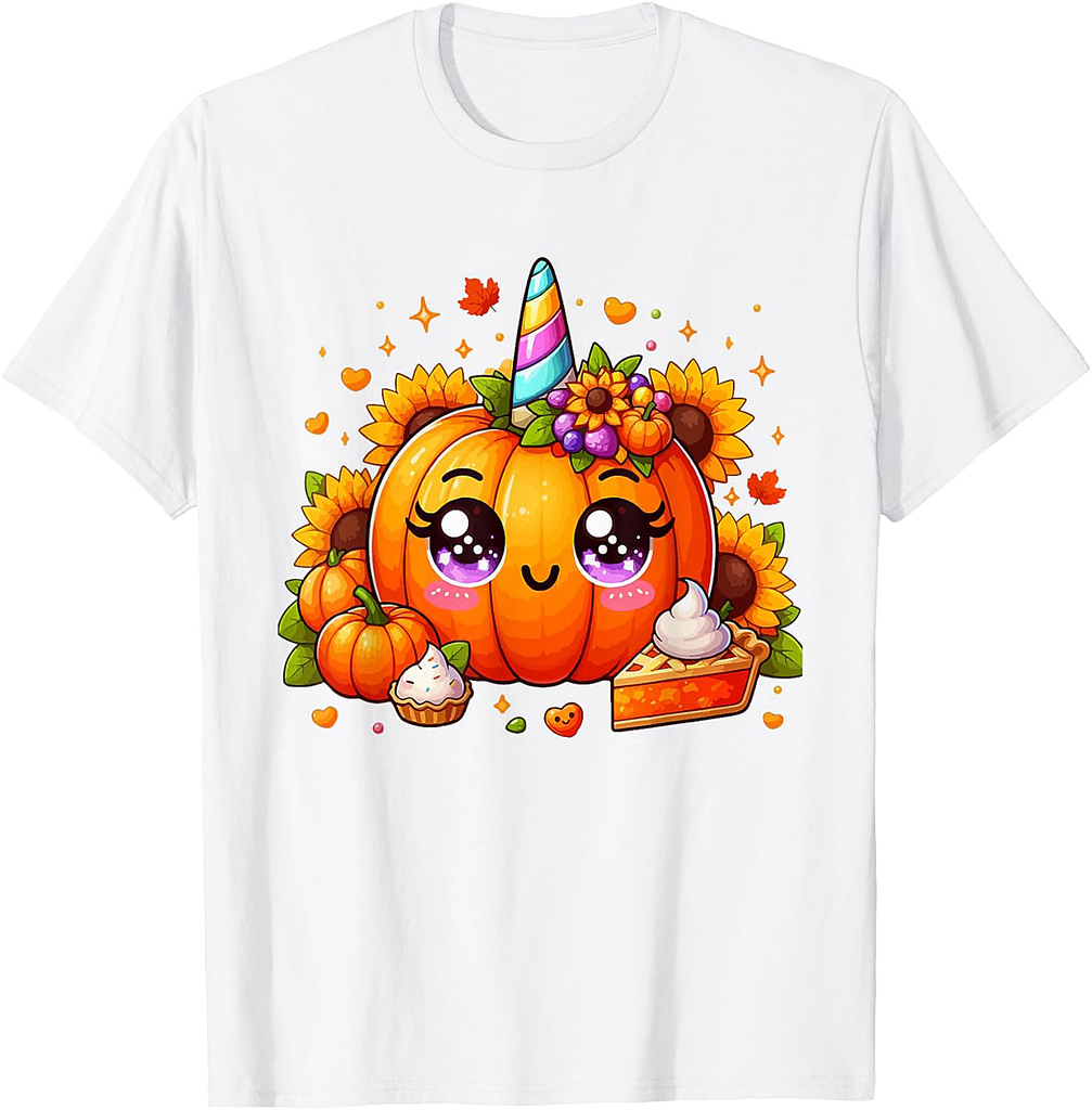 Floral Pumpkin As Unicorn Face Thanksgiving Matching T-Shirt