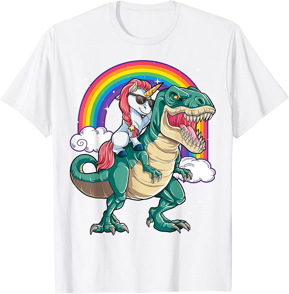 Unicorn Riding T rex Dinosaur Boys Girls Men Women Rainbow Thanksgiving T-Shirt