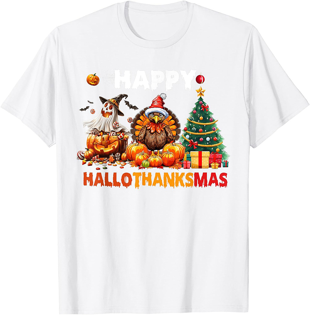 Retro Halloween Thanksgiving Christmas Happy HalloThanksMas T-Shirt
