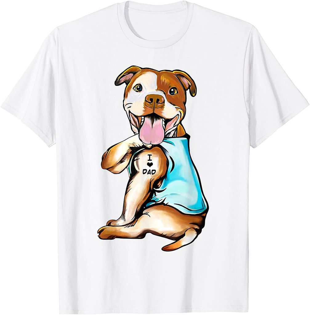 Pitbull Tattoos I Love Dad Sitting Gift Father's Day T-Shirt