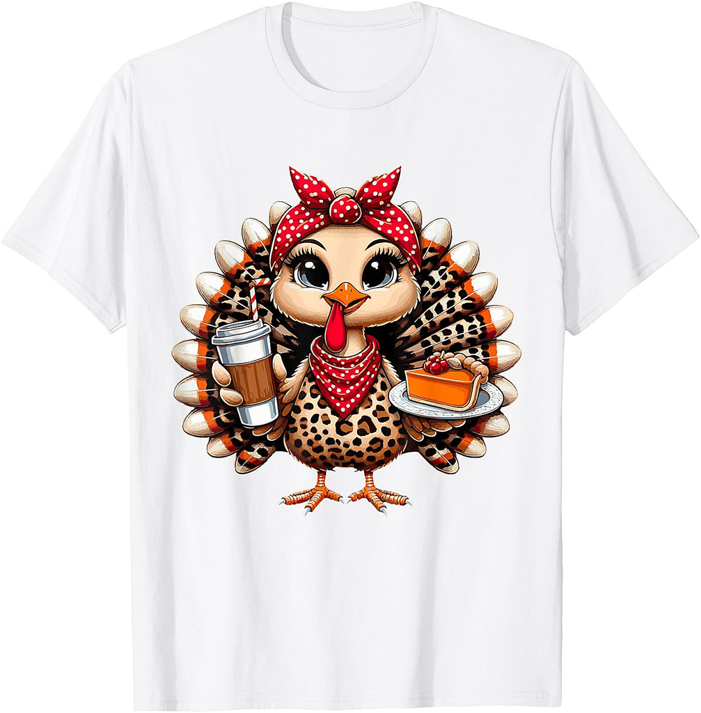 Turkey Drinking Ice Coffee Bow Thanksgiving Women Turkey Day T-Shirt