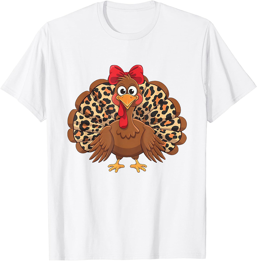 Womens Girls Thanksgiving Leopard Turkey Autumn Fall Season T-Shirt