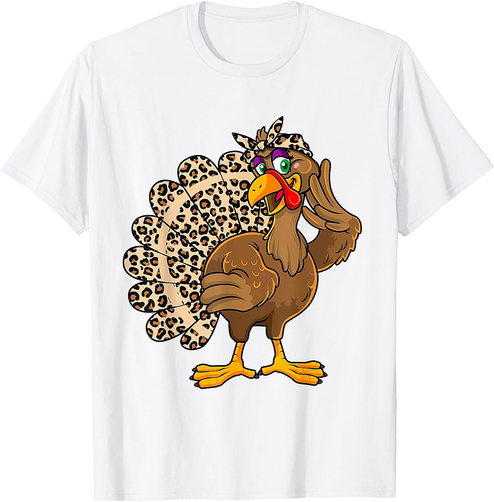Thanksgiving Turkey Women Girl Leopard Print Autumn Fall T-Shirt