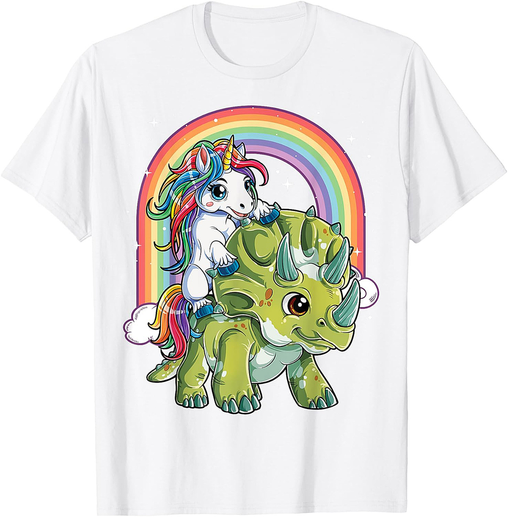 Unicorn Riding Dinosaur Triceratops Funny Boys Girls Rainbow Thanksgiving T-Shirt