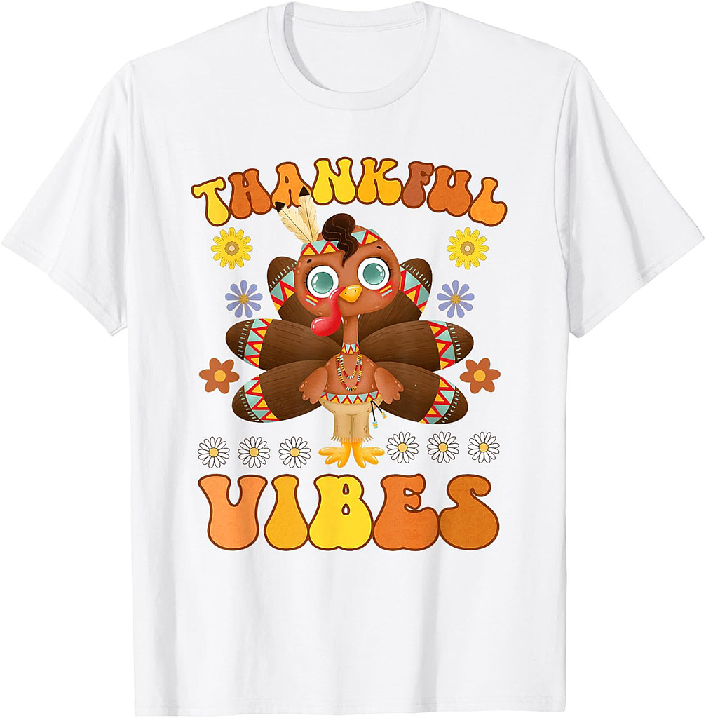 Retro Thankful Vibes Autumn Groovy Thanksgiving Turkey T-Shirt