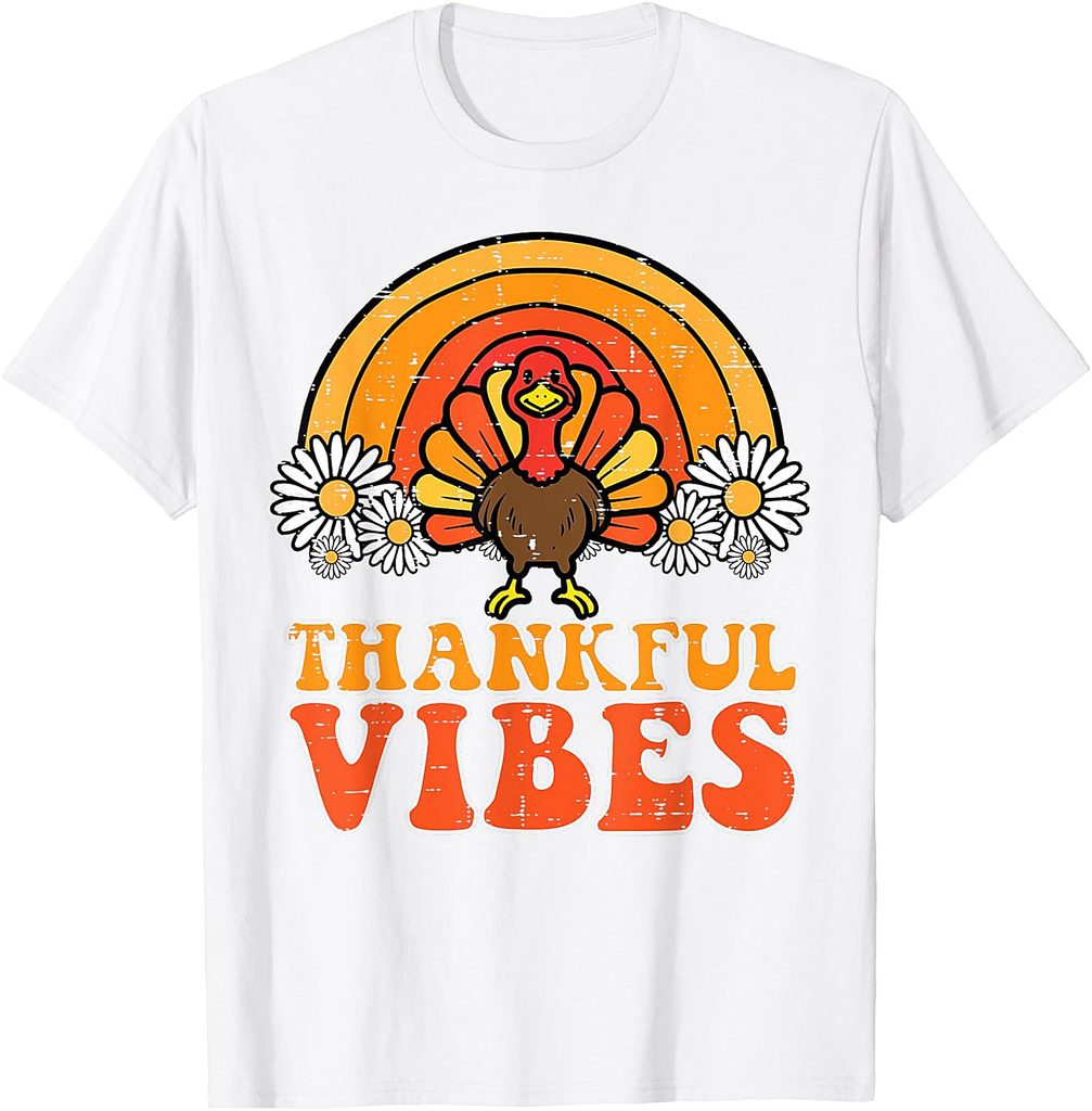 Thankful Vibes Turkey Rainbow Funny Retro Thanksgiving Women 001 T-Shirt