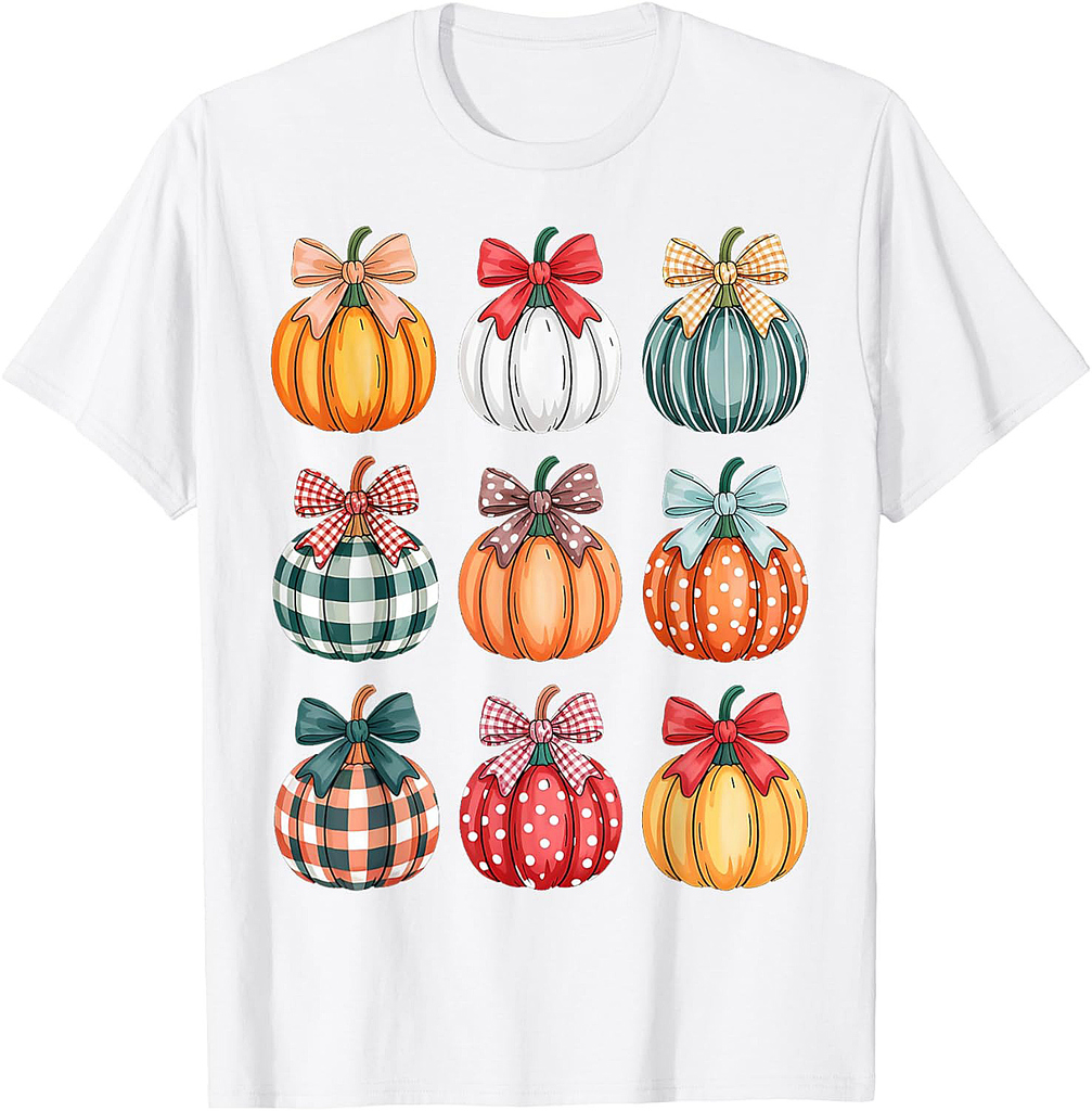 Coquette Bow Pumpkin Season Thanksgiving Autumn Fall Leaves T-Shirt