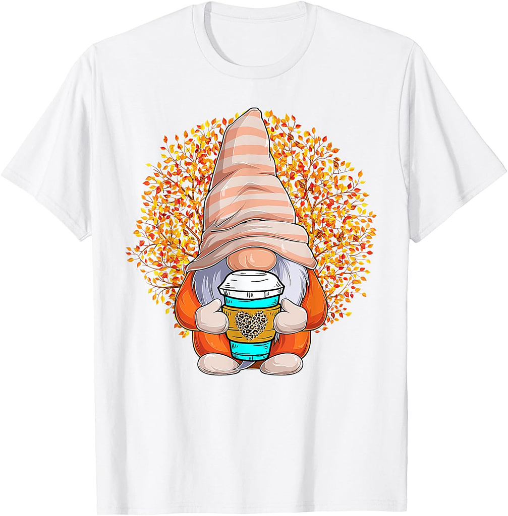 Gnome Leopard Fall Leaf Autumn Coffee Nurse Thanksgiving T-Shirt