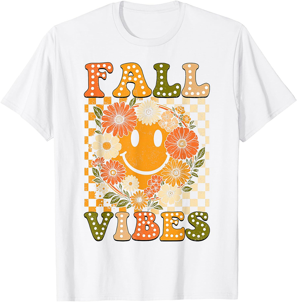 Floral Fall Checkered Smile Face Halloween Thanksgiving 2025 T-Shirt