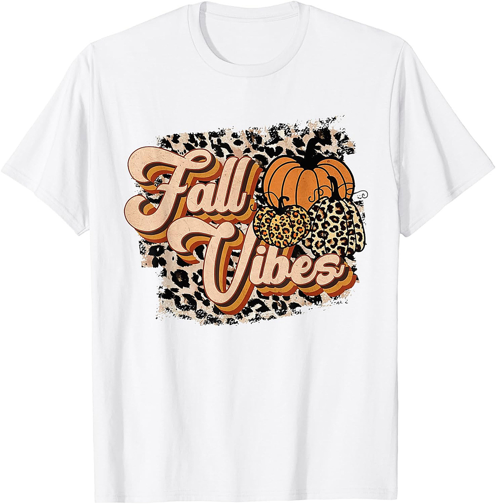 Fall Vibes Leopard Groovy Thanksgiving Autumn For Women Girl T-Shirt