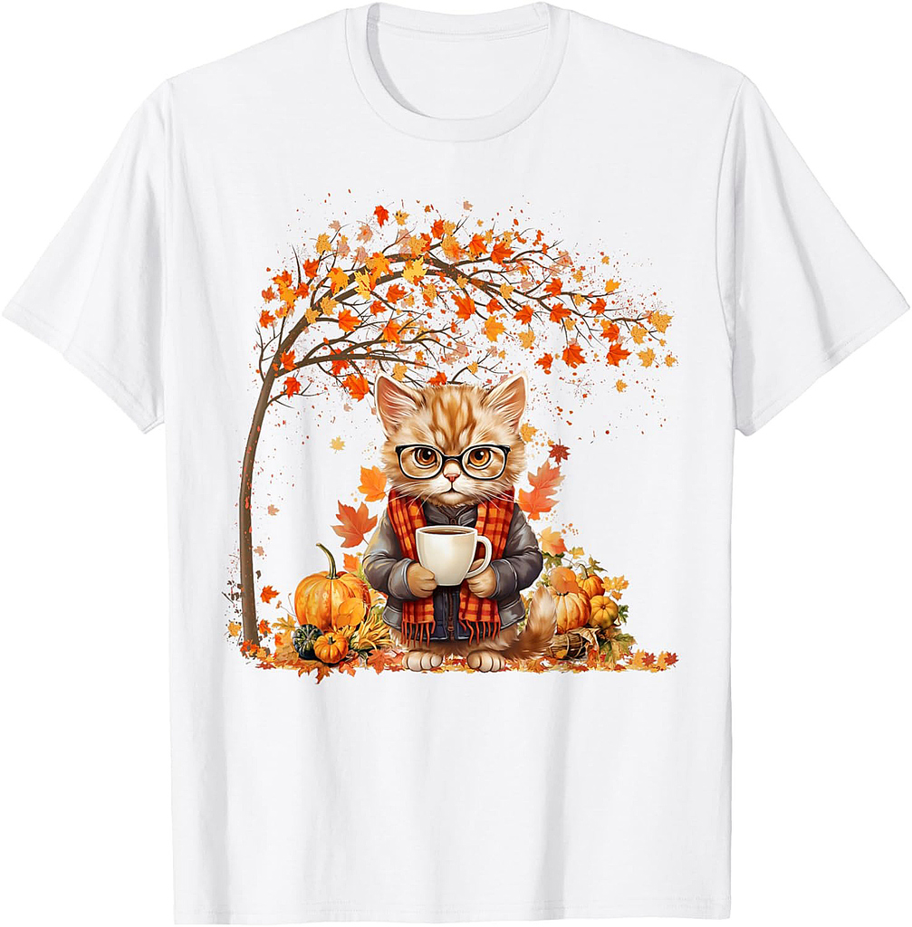 Cat Leaf Fall Hello Autumn Cat Kitten Lover Thanksgiving T-Shirt