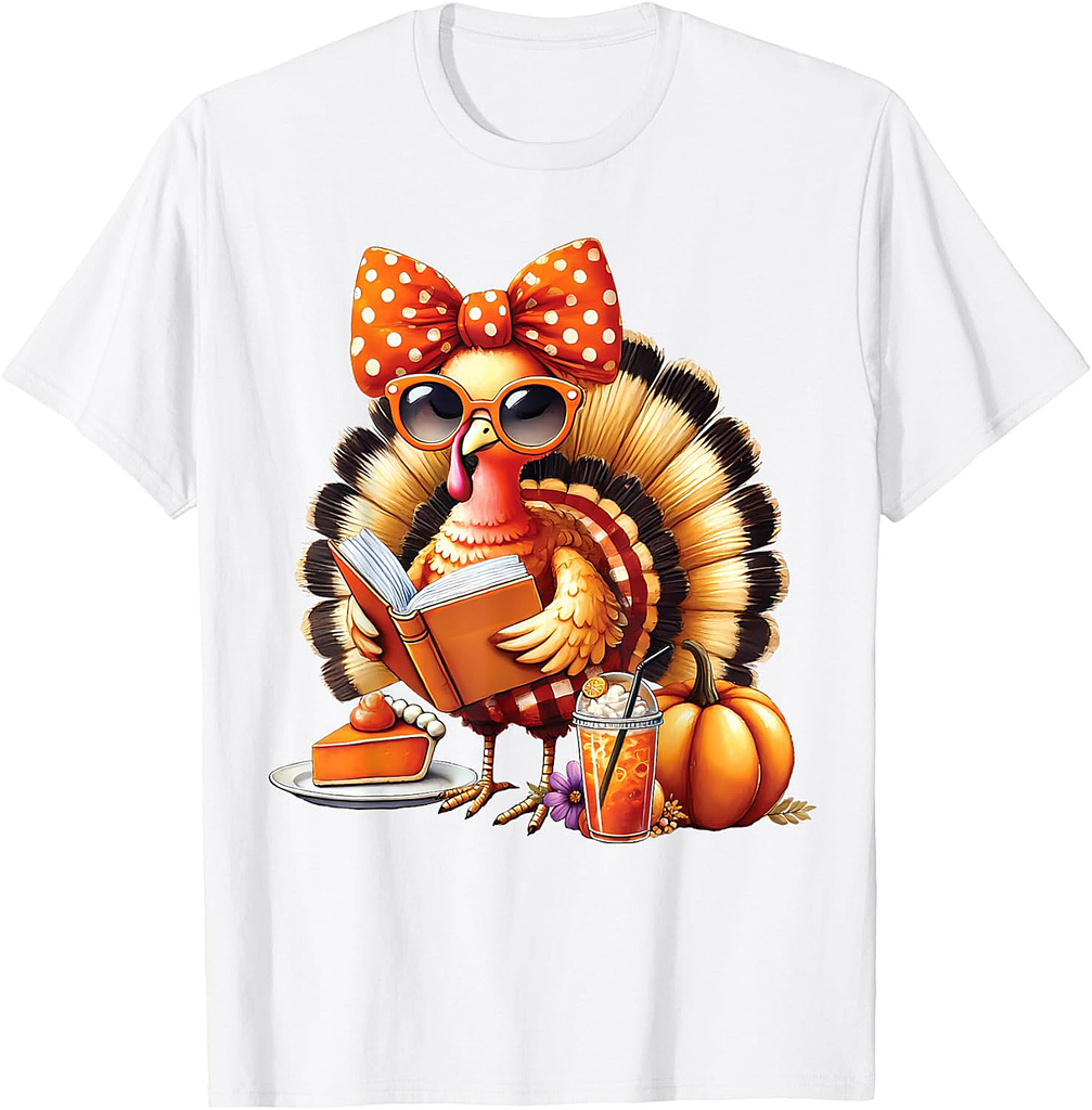 Cute Turkey Reading Book Lovers Thanksgiving Bow Womens T-Shirt