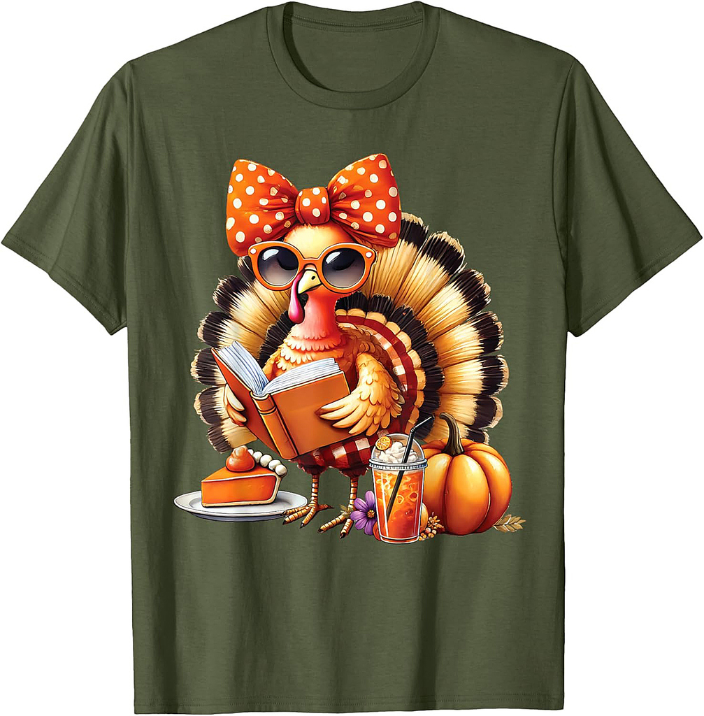 Cute Turkey Reading Book Lovers Thanksgiving Bow Womens T-Shirt