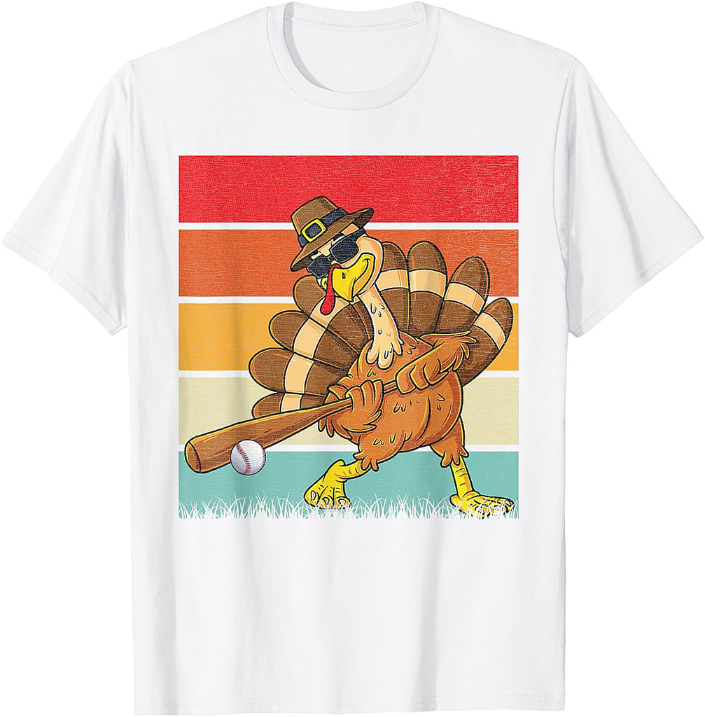 Retro Turkey & Baseball Ball Autumn Fall Vibes Thanksgiving T-Shirt