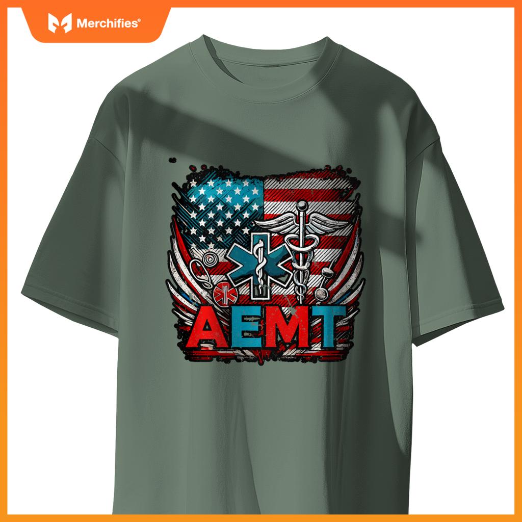 AEMT USA Flag Patriotic Medical Medical Technician T-Shirt