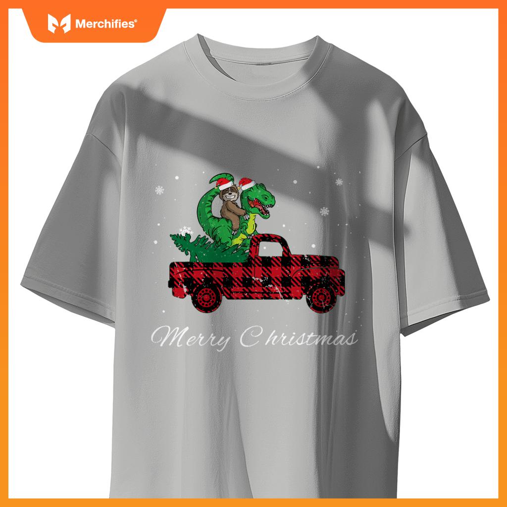 Merry Christmas Red Plaid Truck With Sloth Riding Dinosaur T-Shirt