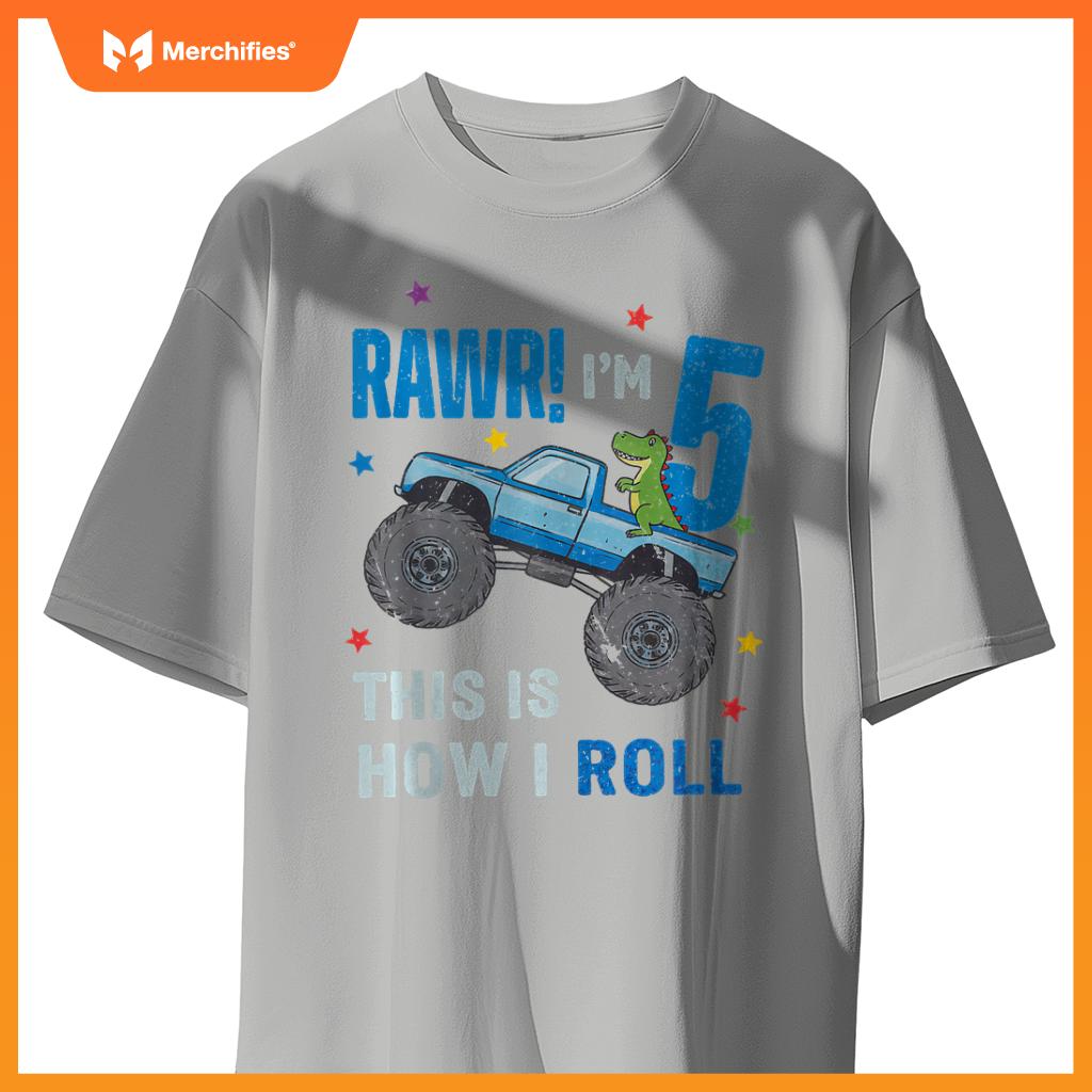 Monster Truck 5 Year Old 5th Birthday Party Trex Dinosaur T-Shirt