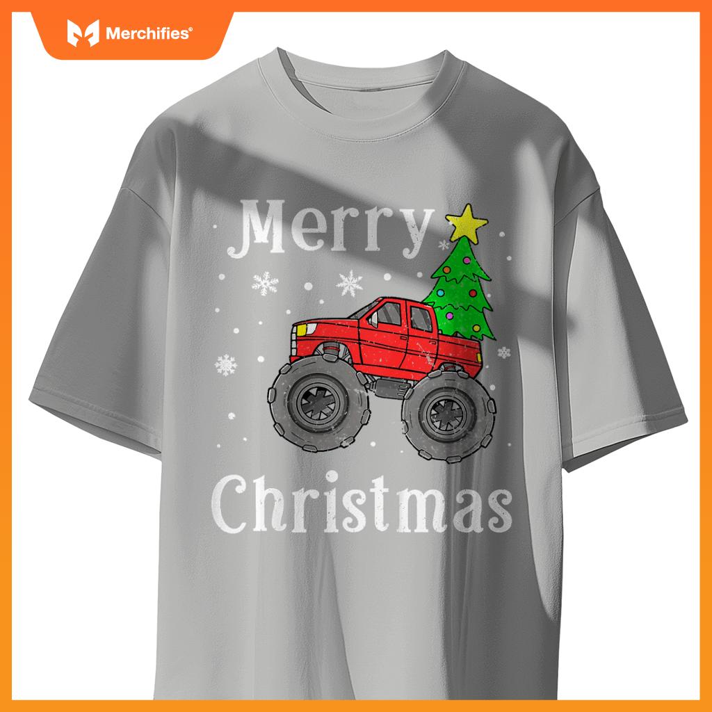 Kids Boys Monster Truck Merry Christmas Tree Snowflakes T-Shirt