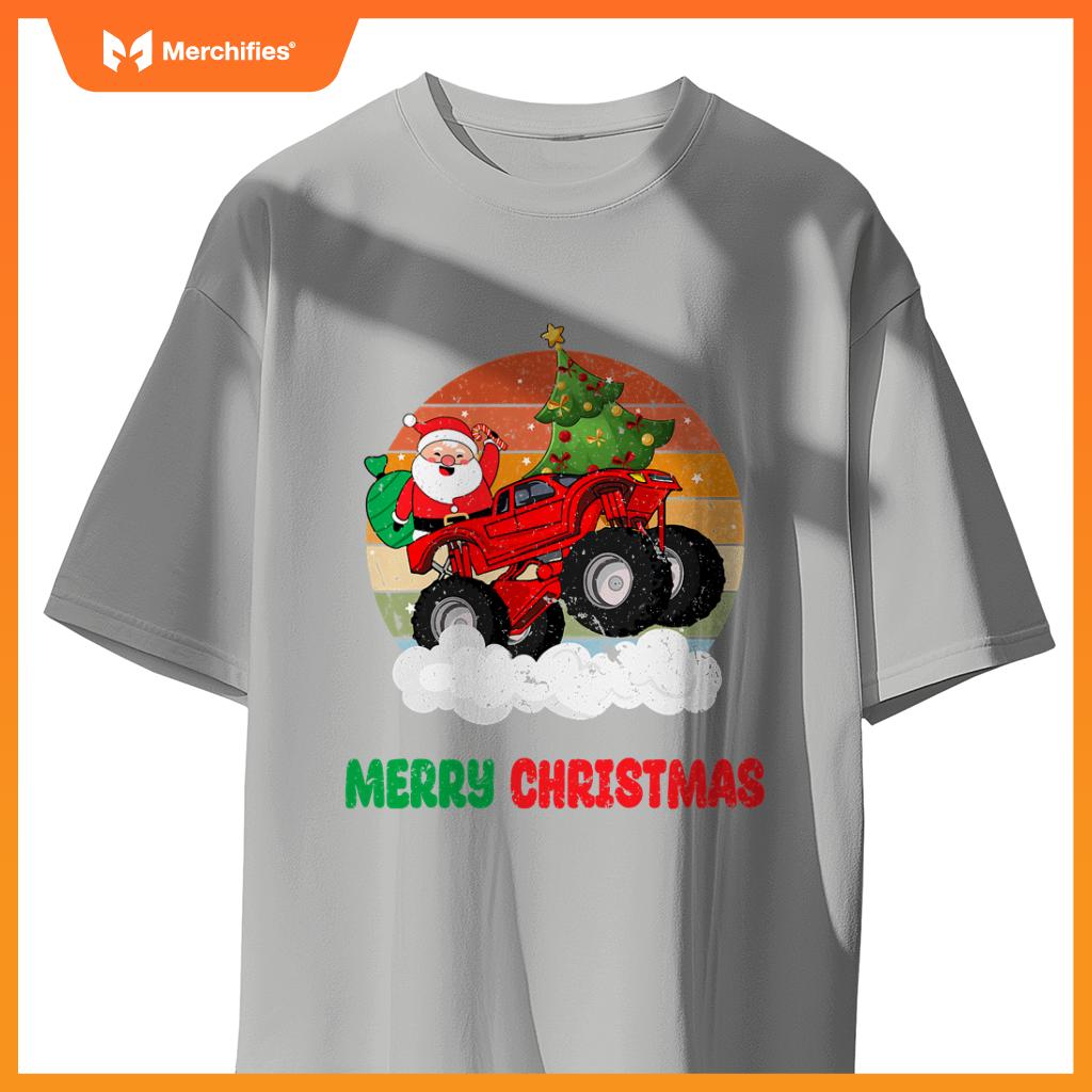 Kids Merry Xmas Santa Monster Truck Christmas Tree Light T-Shirt