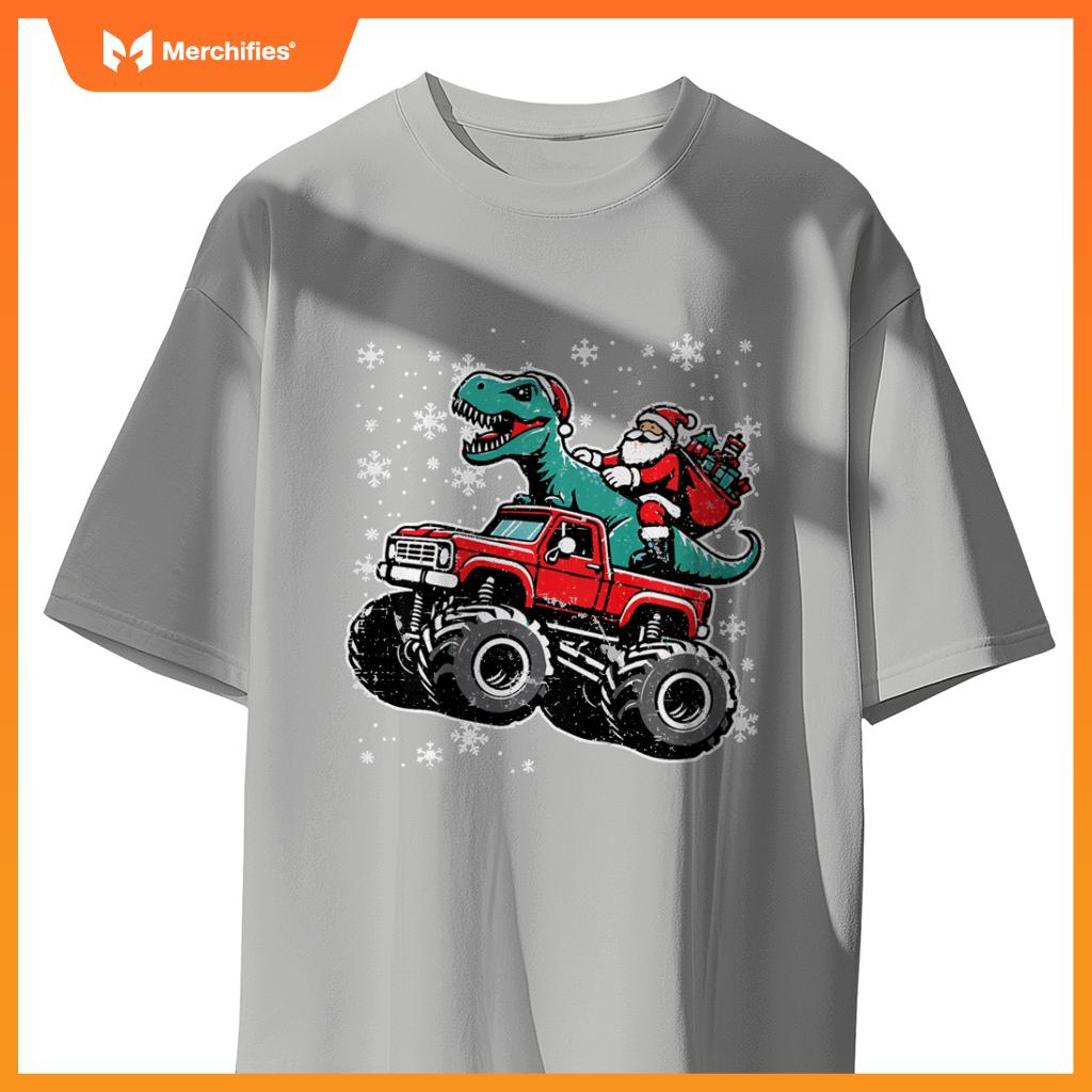 Kids Christmas Monster Truck Dino Santa Xmas Toddler Boys Kids T-Shirt