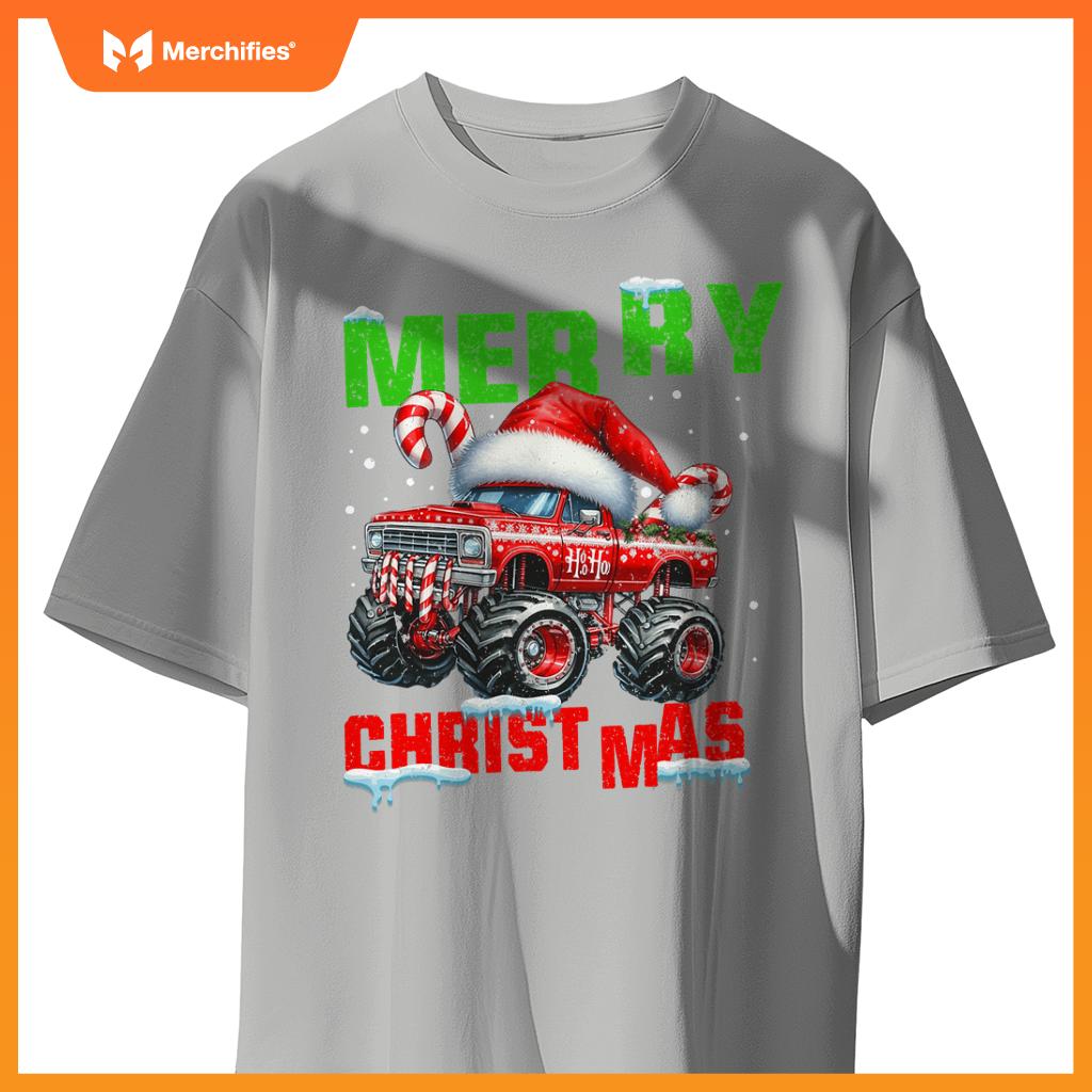 Merry Christmas Monster Truck Xmas Santa Hat Boys Kids T-Shirt