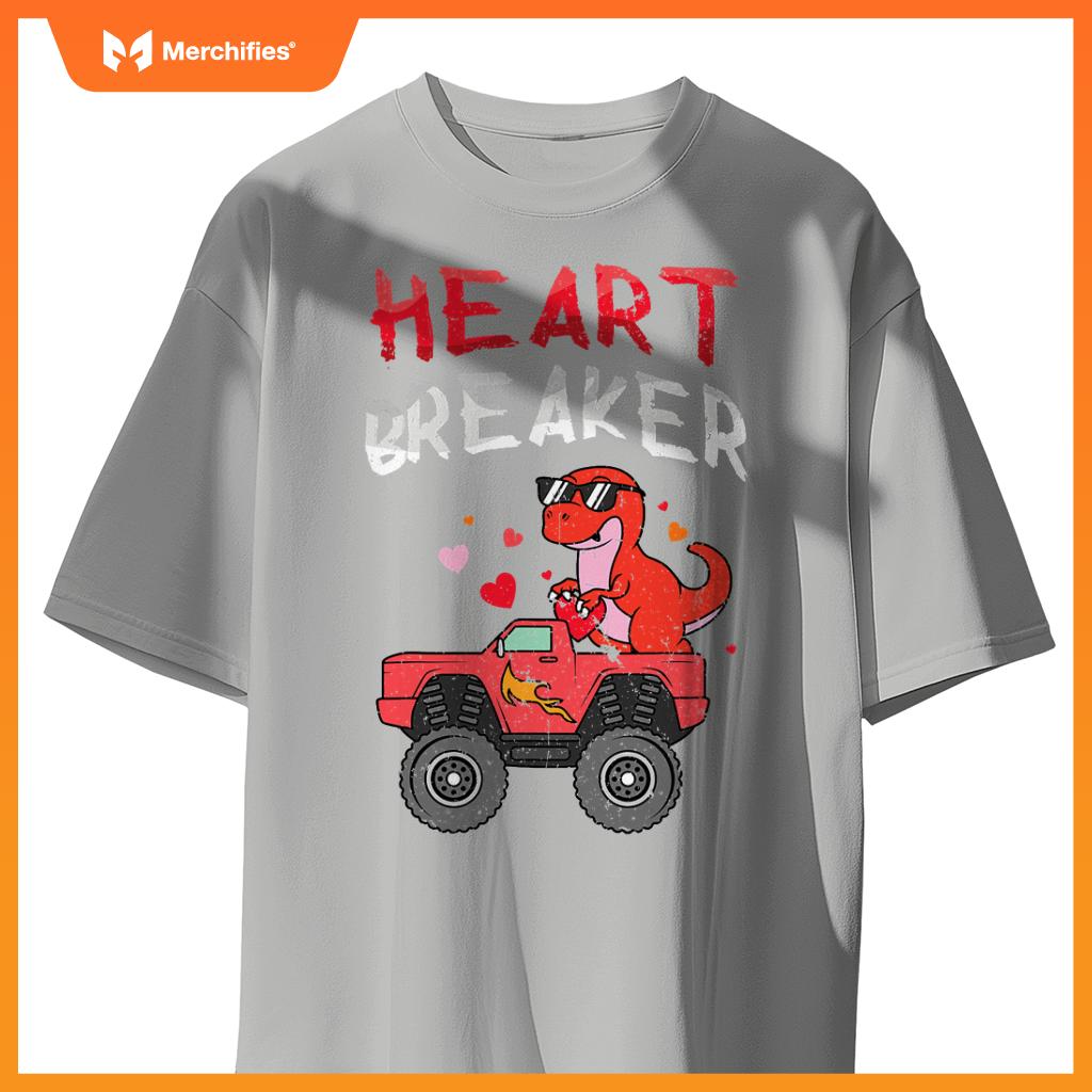 Kids Dinosaur Monster Truck Break Hearts Happy Valentines T-Shirt