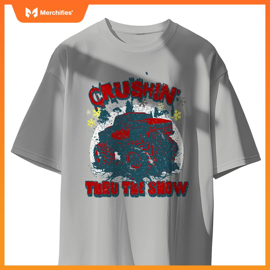 Monster Truck Crushin Thru Snow Winter Boys Man T-Shirt