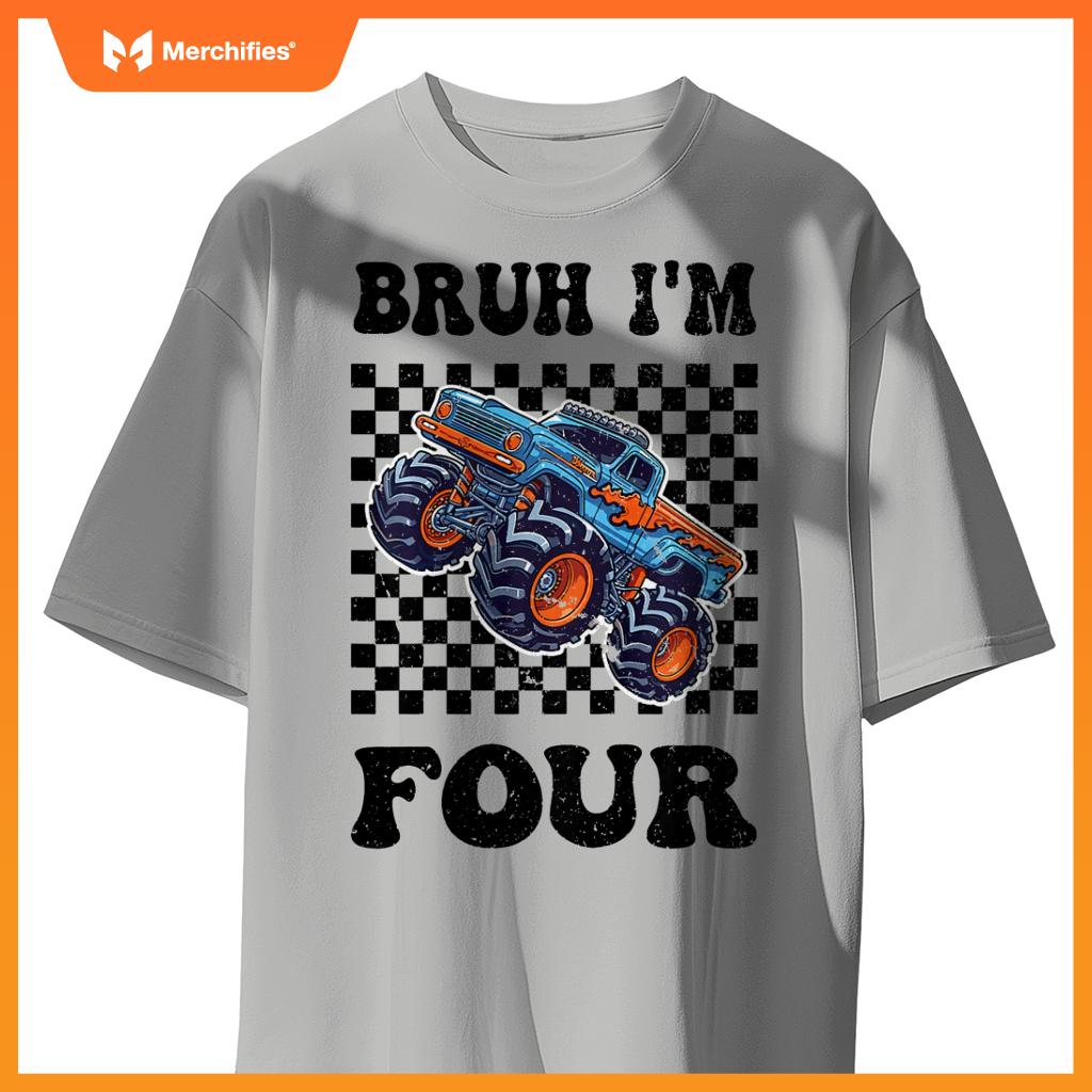 Kids 4 Years Old Boy Girl Bruh Im 4 Birthday Boys Monster Truck T-Shirt