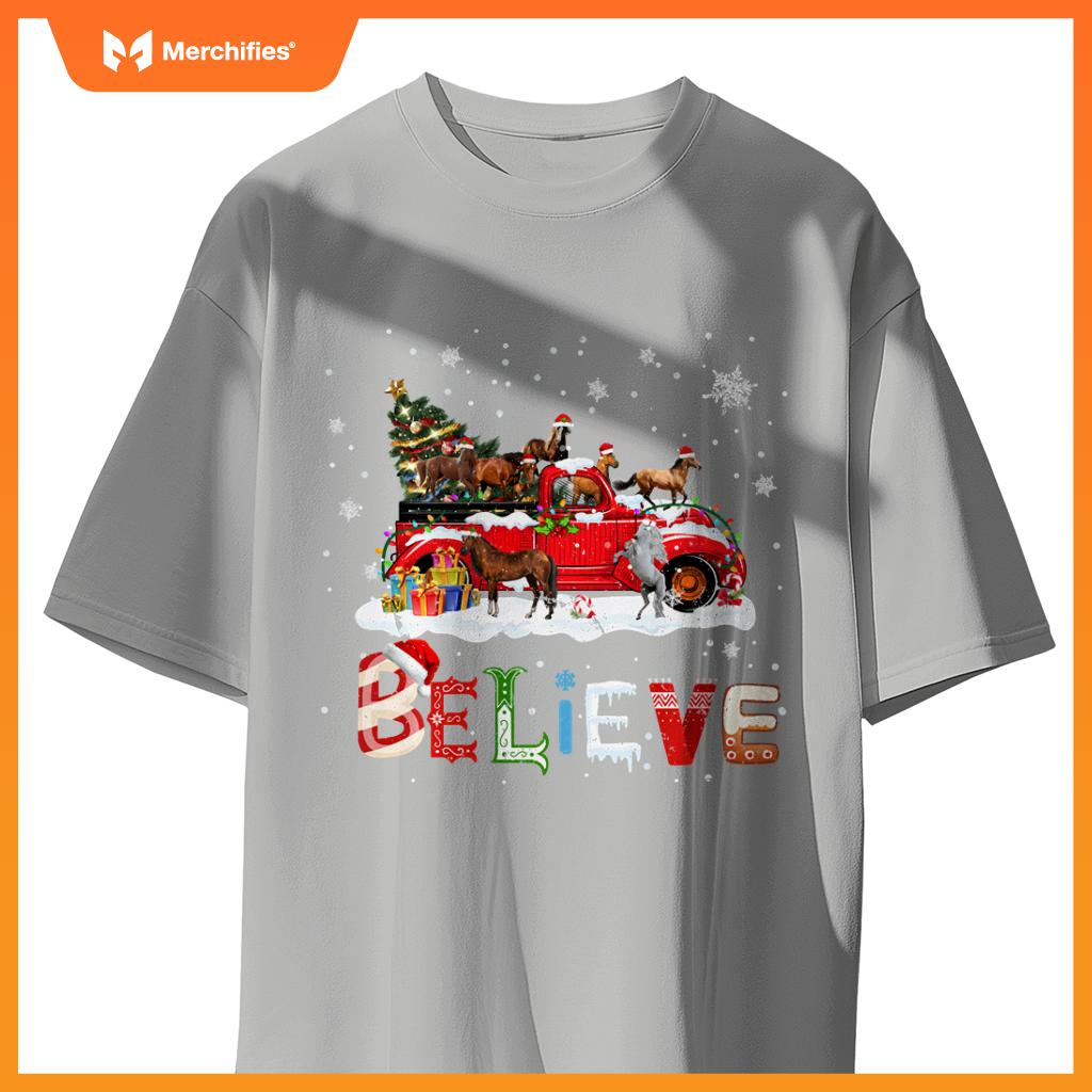 Horse Riding Red Truck Christmas Tree Believe Santa Pajama T-Shirt