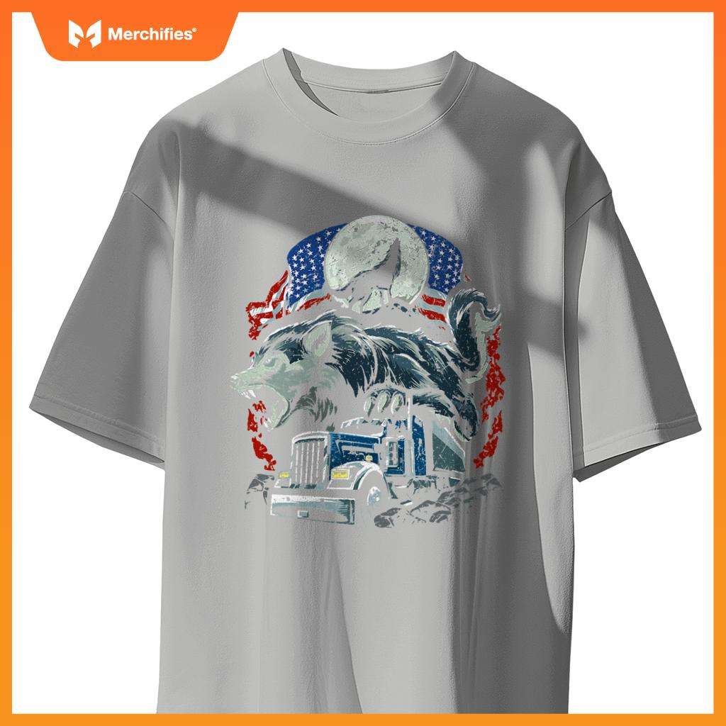 Mens Usa Flag Truck Howling Wolf American Patriotic Trucker T-Shirt