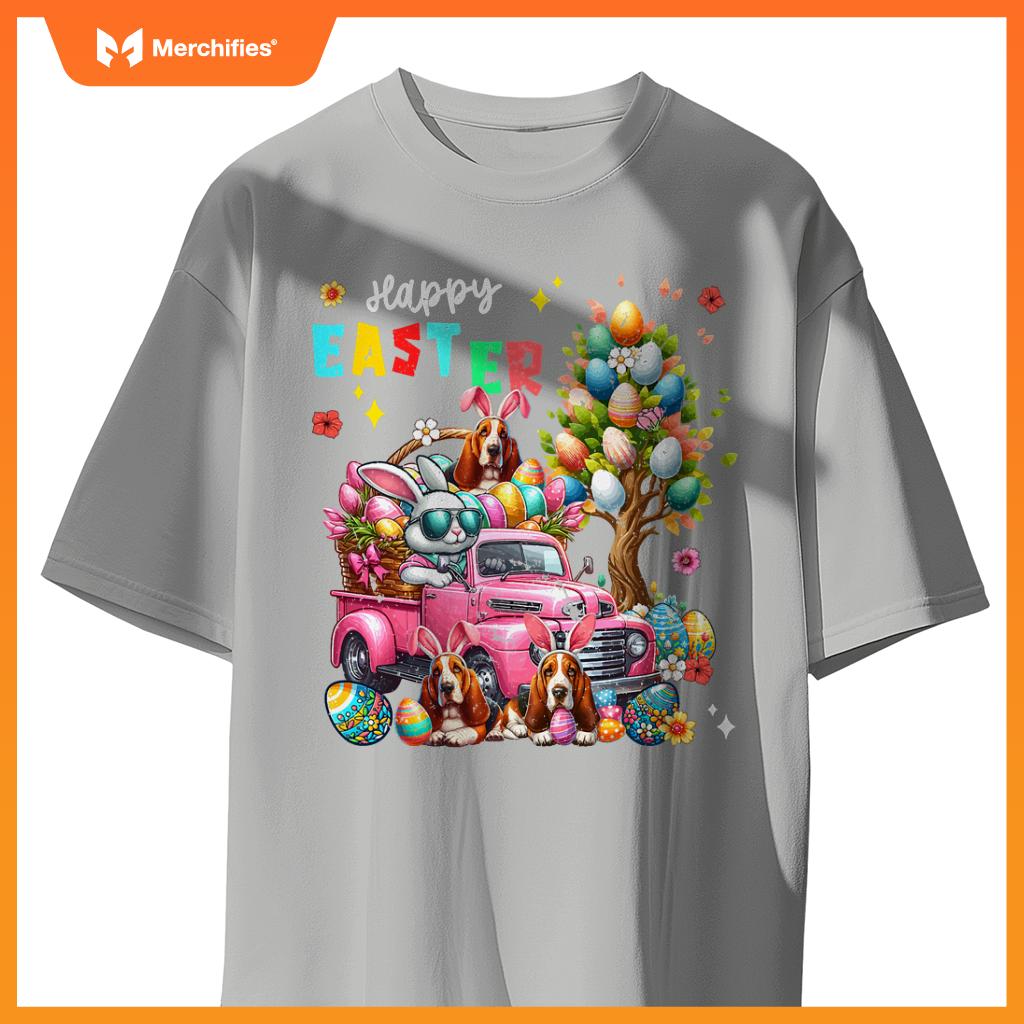 Happy Easter Three Cute Bunny Basset Hounds On Pickup Truck T-Shirt