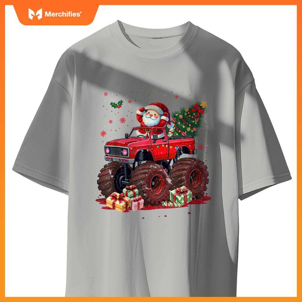 Kids Santa Monster Truck Christmas Tree Xmas Squad T-Shirt